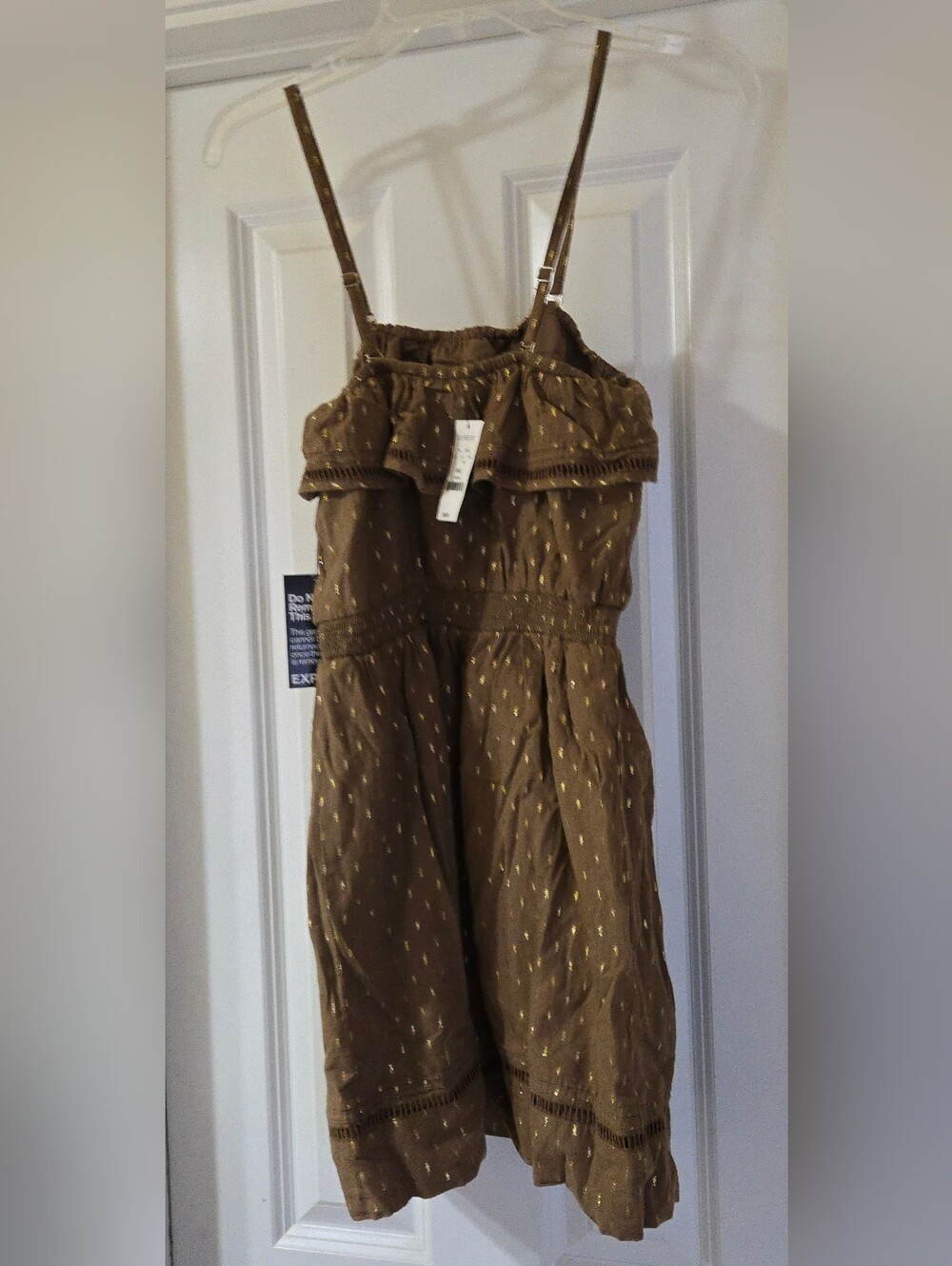Express Women's Brown Mini Ruffle Neck Adj Straps Dress Gold Metallic Flecks S